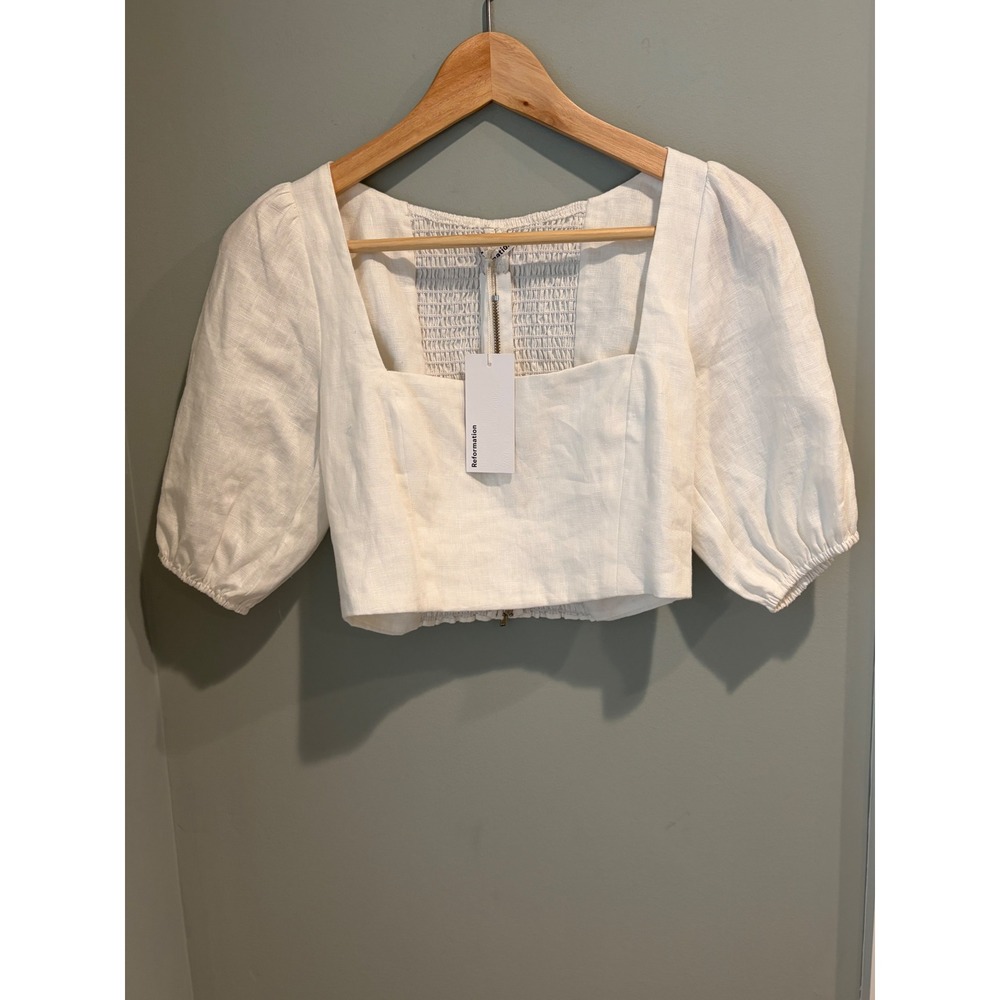 Reformation White Linen Puff Sleeve Smocked Crop Top Square Neck Size 0 NWT